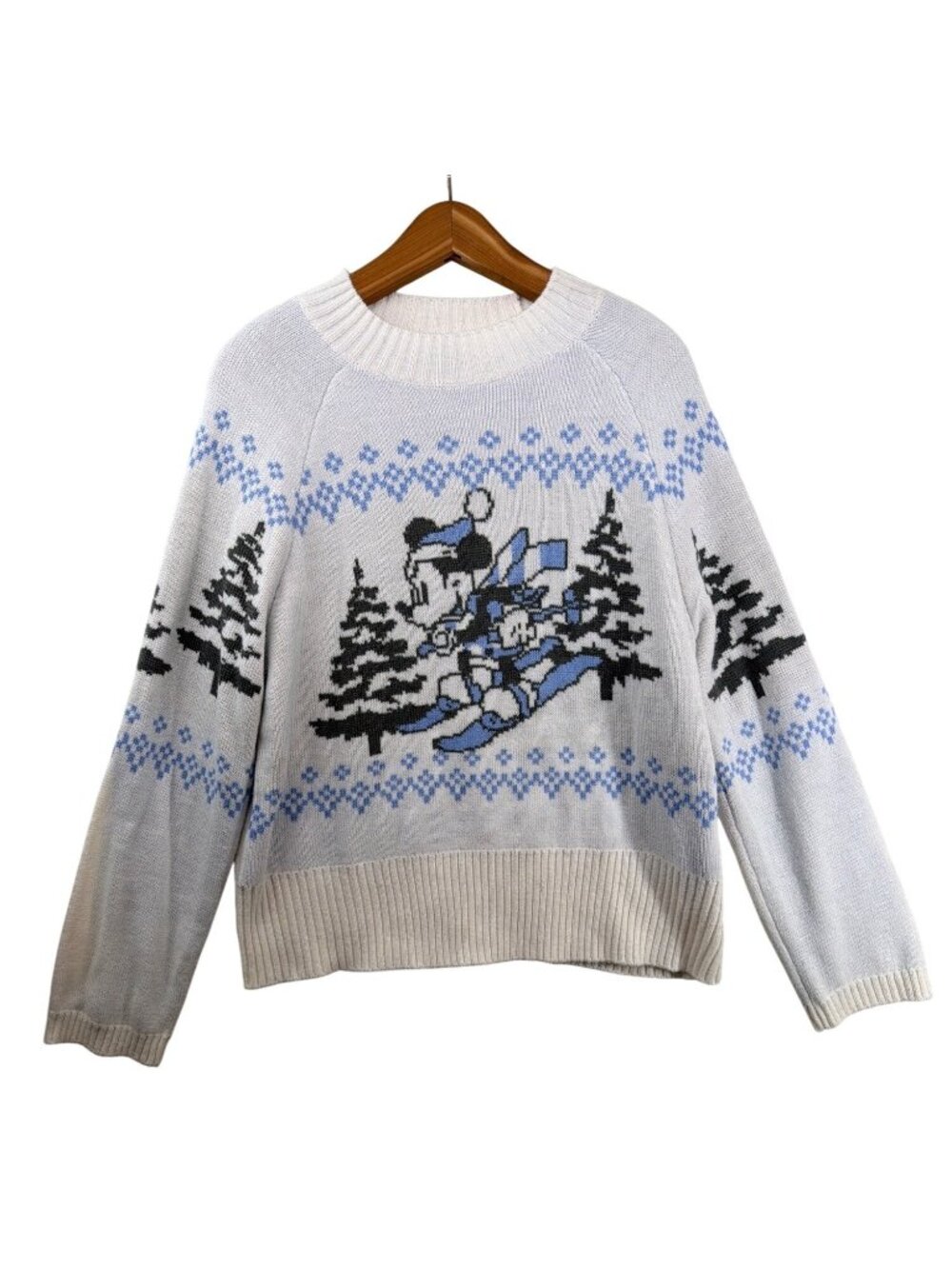 Divided H&M + Disney Womens Sweater Sz L White/Blue Mickey Mouse Skiing Novelty